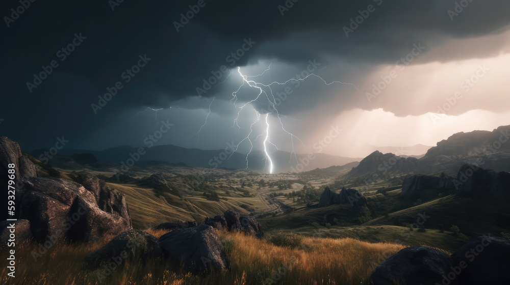 Big thunder in a thunderstorm over a beautiful landscape. Generative AI.