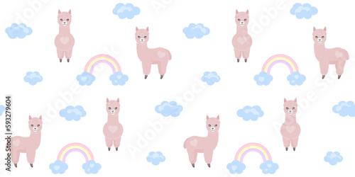 Cute alpacas with a heart on fur, rainbow and clouds on a white background. Endless texture with adorable animal and sky. Vector seamless pattern for wrapping paper, cover, giftwrap or surface texture