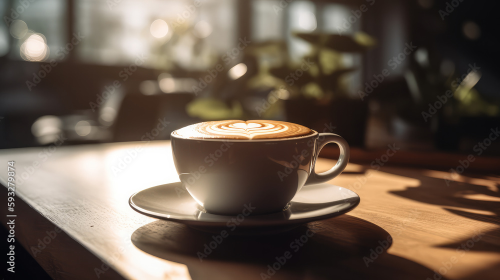 Beautiful cup of coffee standing on a wooden table in the morning light. Generative AI.