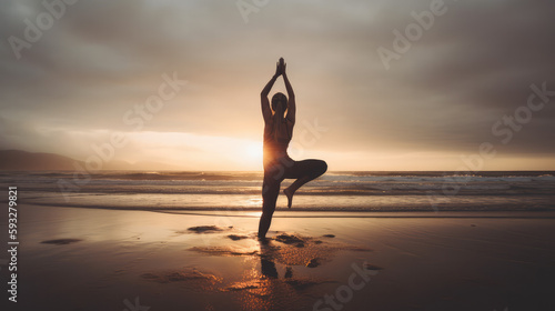 Single woman standing at the beach in front of the sundowner and dows yoga training. Generative AI.