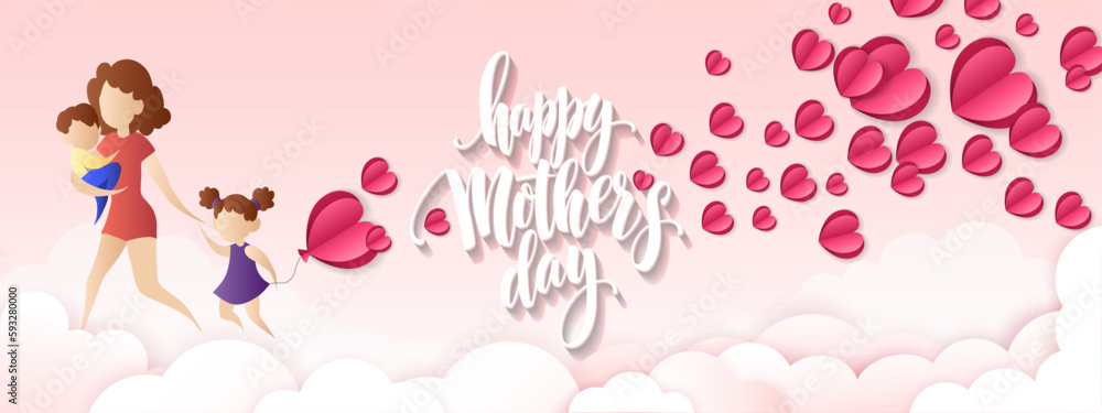 Mother with daughter, son and flying pink paper hearts. Symbols of love on pink background. Happy Mother's day.  (Vector)