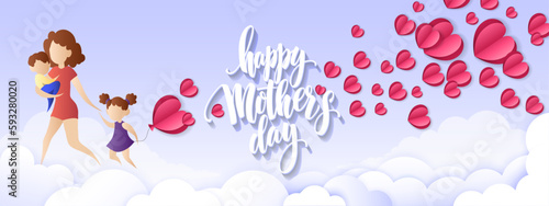 Mother with daughter, son and flying pink paper hearts. Symbols of love on purple background. Happy Mother's day. (Vector)