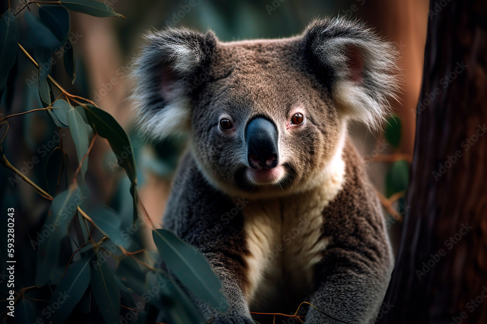 Obraz premium Wild Australian koala bear in eucalyptus tree looking directly at camera.