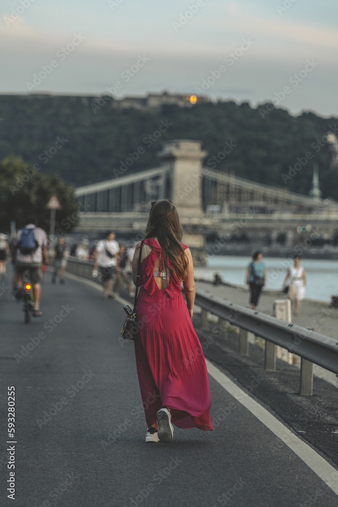 Vertical shot of a woman in a pink long dress walking on the street with a view of a bridge.