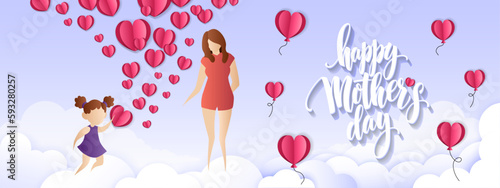 Mother with daughter and flying pink paper hearts. Symbols of love on purple background. Happy Mother's day. (Vector)