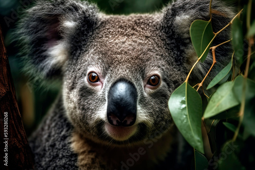 Wild Australian koala bear in eucalyptus tree looking directly at camera.