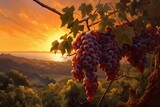 Fruit of Nature: A Painting of Grapes Hanging from a Tree in a Vineyard at Sunset/Dawn: Generative AI