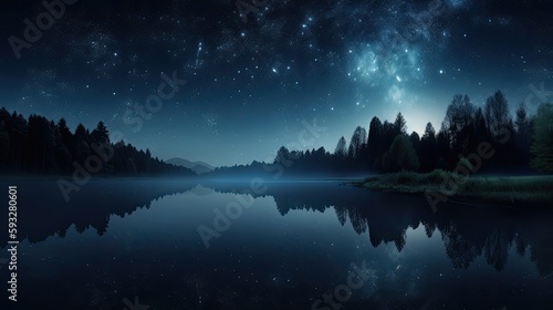 Beautiful Blue Stars and Dark Night Sky Captured in a Fantasy Galaxy Background Banner. Generative AI