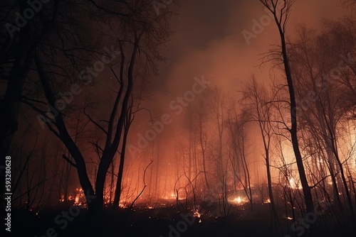 Dangerous Nature  Forest Fire at Night with Lingering Smoke  a Reminder of Climate Change  Generative AI