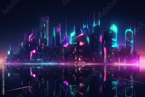 Dazzling Lights Illuminate Urban Night: Futuristic City in Neon Light 3D Rendering: Generative AI