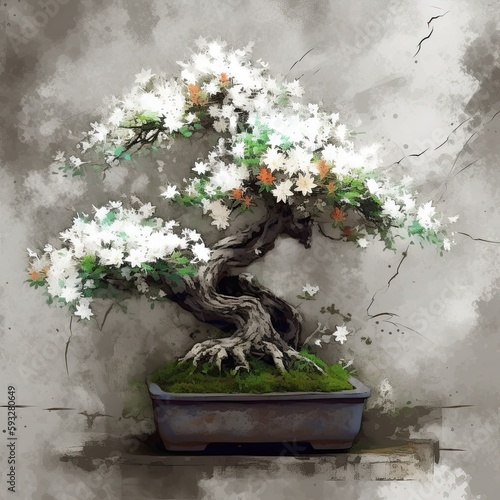 Garden of Imagination: Digital Art of a Blooming Bonsai Tree, Chinese Japanese Asian Scenery, Printable Wall Art. Generative AI