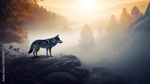 Magical Fantasy World Unfolds with a Beautiful Wolf at the Centre: Moonlight, Fog & Ruins Await: Generative AI