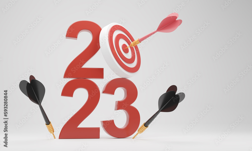 3d 2023 number and dart arrow hitting on the target ,3d rendering.. 3d 2023 number and dart arrow hitting on the target ,3d rendering..
