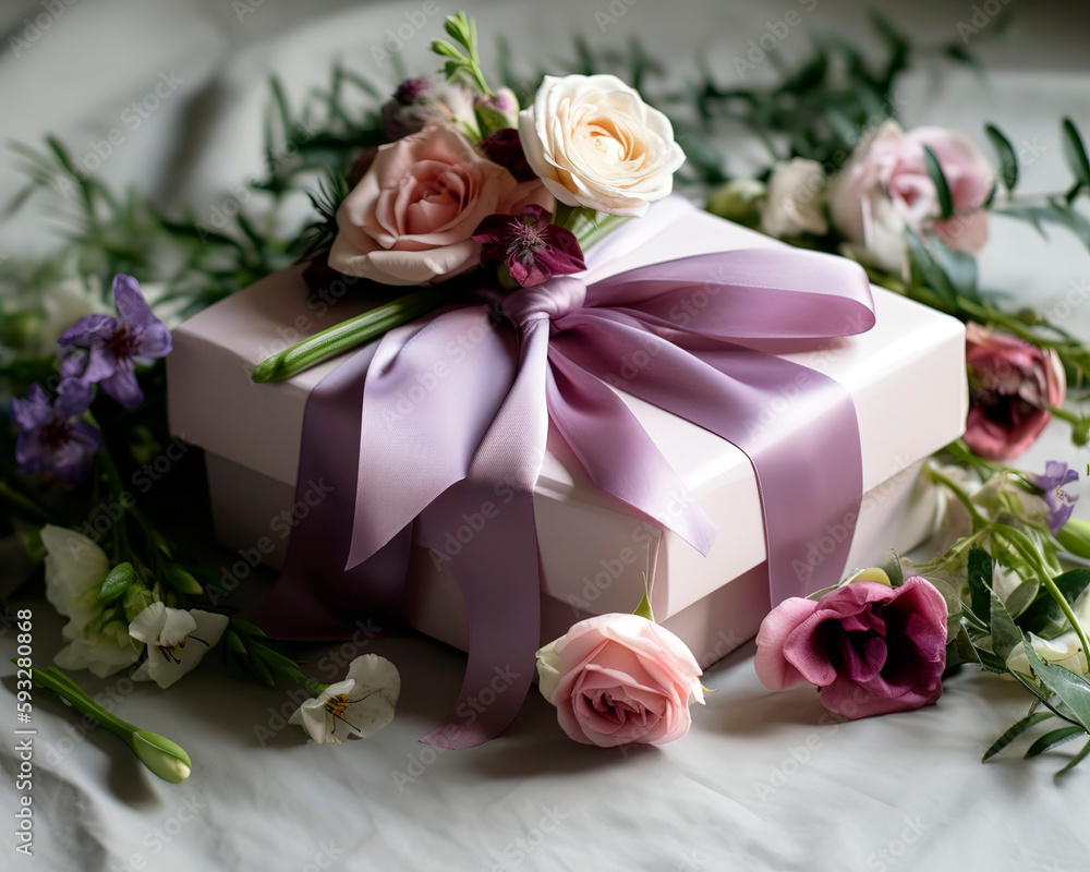 Wrapped gift box, adorned with a satin ribbon and surrounded by fresh spring flowers. Wrapped gift box, adorned with a satin ribbon and surrounded by fresh spring flowers.