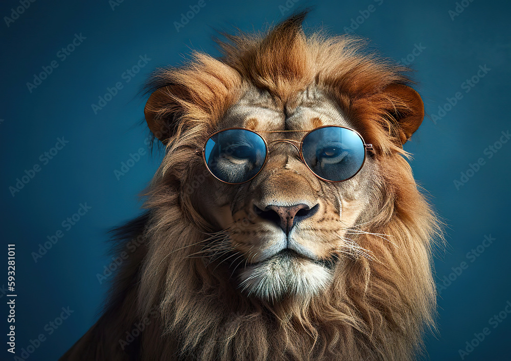 Cool lion posing in the photo studio in front of the colorful background. Despite being in an unfamiliar environment, the animal feels good. AI generated illustration.