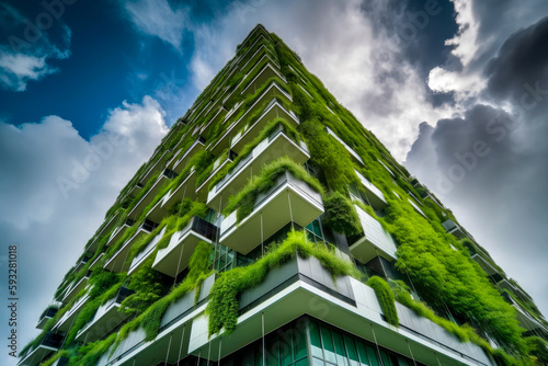 Green buildings concept. Eco-friendly green apartment or office building with vertical garden design for sustainability, Modern architecture, covered with moss and plants. High quality generative AI