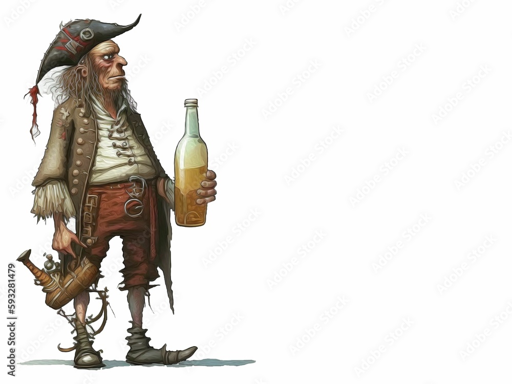 Fototapeta premium Illustration of a pirate with a bottle of drink in his hand on the white background
