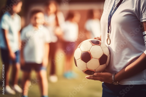 banner, A photo of a teacher leading a physical education or sports activity with students, bokeh, Teacher's day Generative AI