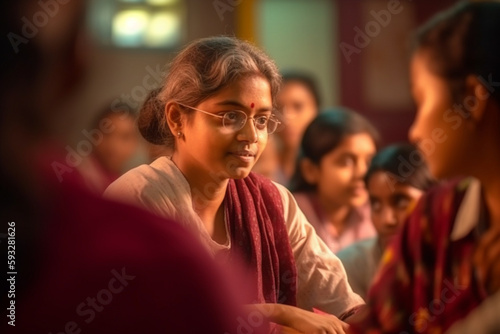 banner, A candid shot of a teacher and students engaged in a lively classroom discussion or debate, bokeh, Teacher's day Generative AI