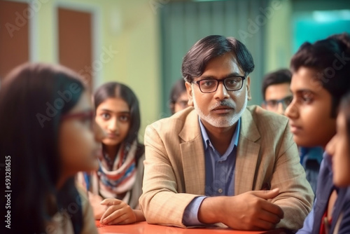 banner, A candid shot of a teacher and students engaged in a lively classroom discussion or debate, bokeh, Teacher's day Generative AI