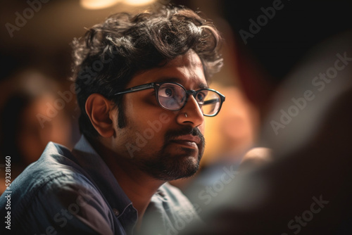 banner, A candid shot of a teacher patiently listening and providing feedback to a student sharing their thoughts or concerns, bokeh, Teacher's day Generative AI