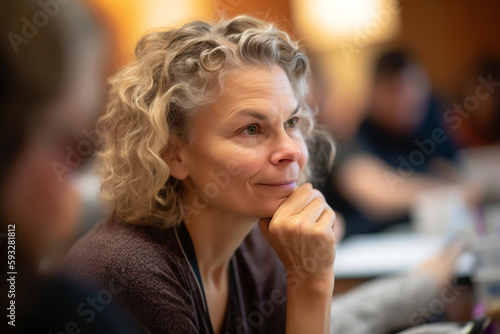 A candid shot of a teacher engaging in professional development activities, such as attending workshops, conferences, or training sessions, bokeh, Teacher's day Generative AI