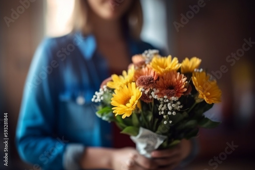 A picture of a teacher receiving a bouquet of flowers or a thoughtful gift from appreciative parents on Teacher's Day, bokeh, Teacher's day Generative AI
