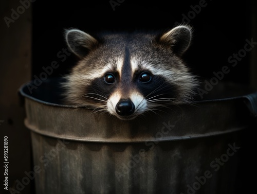 A curious raccoon peeking out of a garbage can