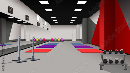 Contemporary fitness gym empty interior. Equipment yoga mats and fit balls on floor. Professional cardio and stretching studio. Room with nobody inside. Healthy lifestyle concept. Vector illustration