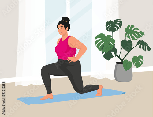 Plump woman doing squats on sports mat for fitness stretching. Plus size girl with motivation to be healthy and sporty. Workout at home female character. Body positive lifestyle. Vector illustration