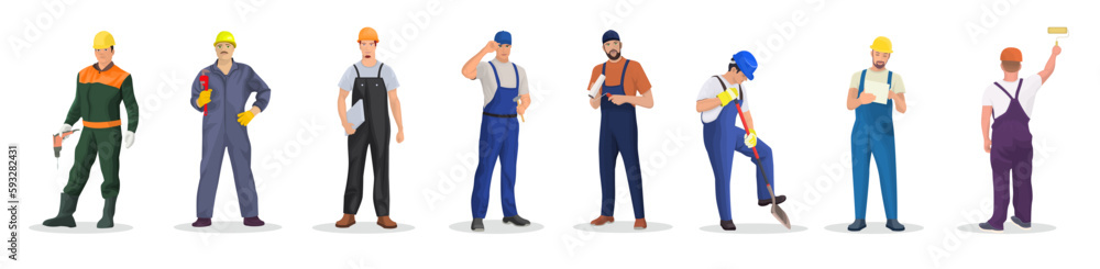 Building team in protective helmets isolated on white background. Set of industrial workers characters in different uniform. Collection of profession in renovation or construction. Vector illustration