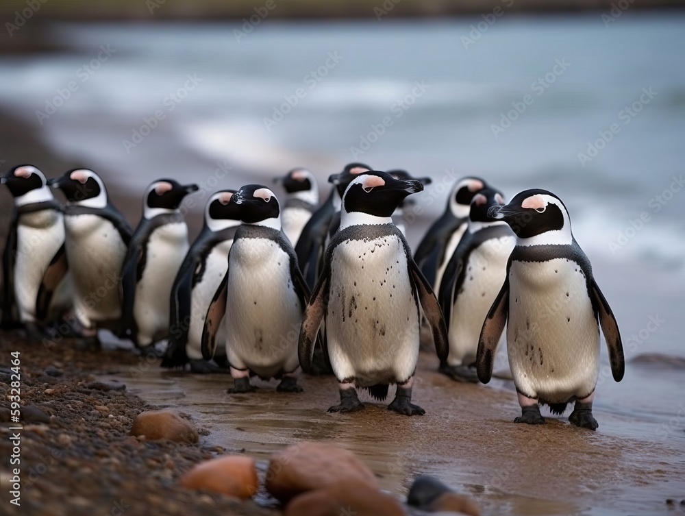 Fototapeta premium A group of penguins waddling in a line