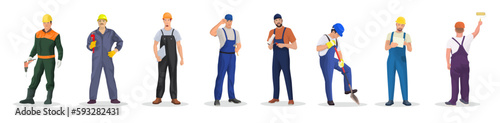 Building team in protective helmets isolated on white background. Set of industrial workers characters in different uniform. Collection of profession in renovation or construction. Vector illustration