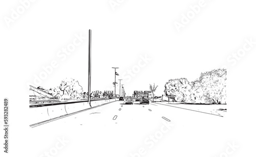 Building view with landmark of Ras Al Khaimah is the city in United Arab Emirates. Hand drawn sketch  illustration in vector.