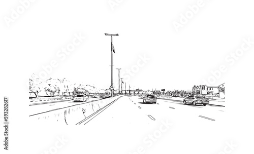 Building view with landmark of Ras Al Khaimah is the city in United Arab Emirates. Hand drawn sketch  illustration in vector.