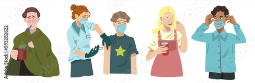 Set of sick people cartoon style isolated on white background. People feeling unwell. Seasonal flu high temperature. Different methods of treatment: cure medicine, vaccine, mask. Vector illustration