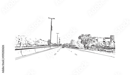 Building view with landmark of Ras Al Khaimah is the city in United Arab Emirates. Hand drawn sketch  illustration in vector.