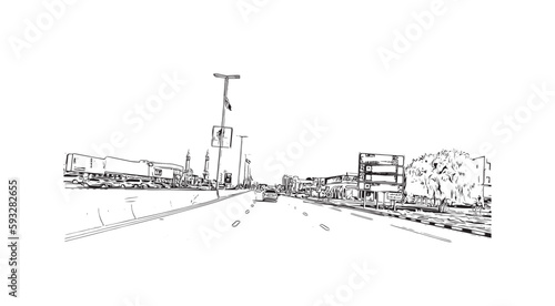 Building view with landmark of Ras Al Khaimah is the city in United Arab Emirates. Hand drawn sketch  illustration in vector.