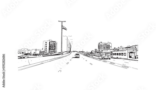 Building view with landmark of Ras Al Khaimah is the city in United Arab Emirates. Hand drawn sketch  illustration in vector.