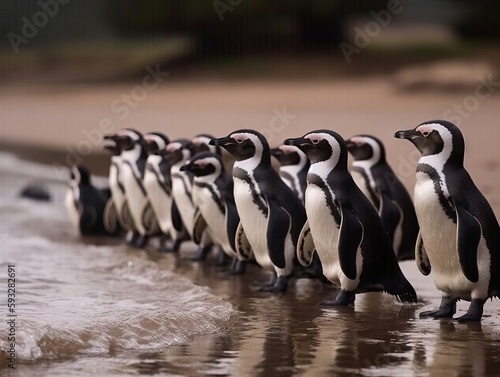 A group of penguins waddling in a line