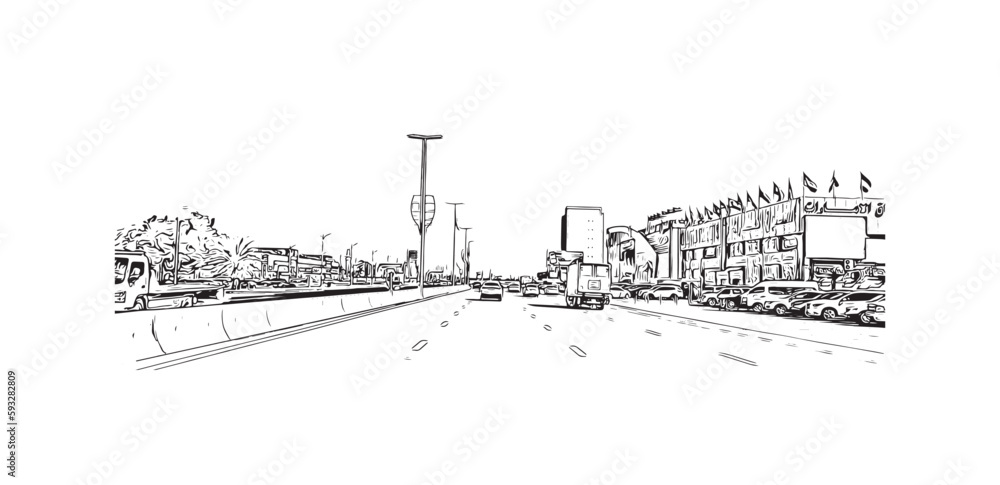 Building view with landmark of Ras Al Khaimah is the city in United Arab Emirates. Hand drawn sketch  illustration in vector.