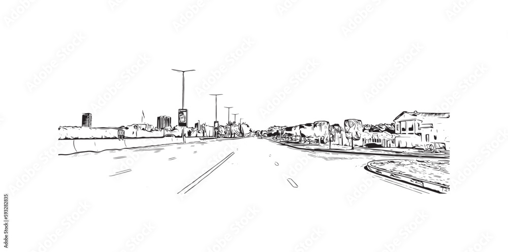 Building view with landmark of Ras Al Khaimah is the city in United Arab Emirates. Hand drawn sketch illustration in vector. Building view with landmark of Ras Al Khaimah is the city in United Arab Emirates. Hand drawn sketch illustration in vector.