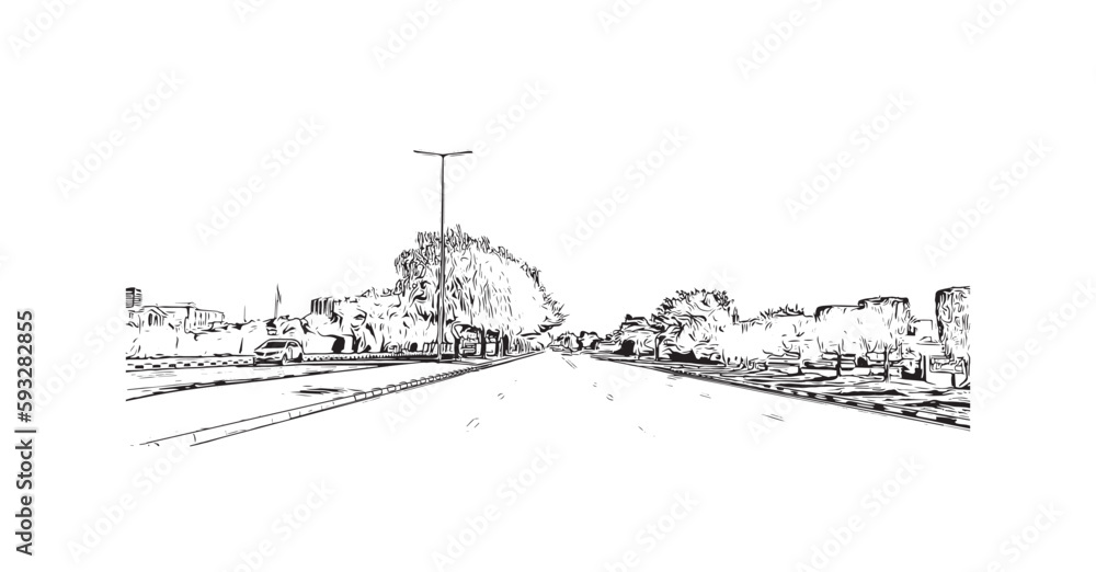 Obraz premium Building view with landmark of Ras Al Khaimah is the city in United Arab Emirates. Hand drawn sketch illustration in vector.