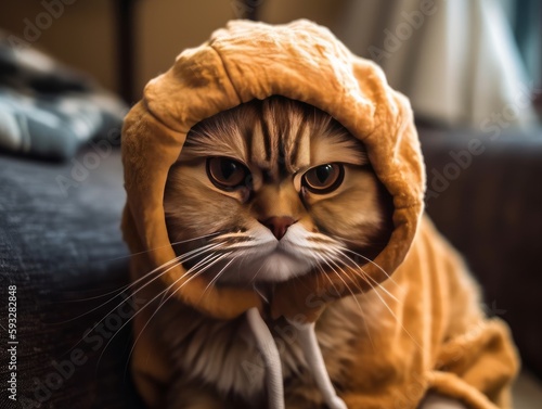 A cat dressed up in a costume, looking grumpy © Suplim