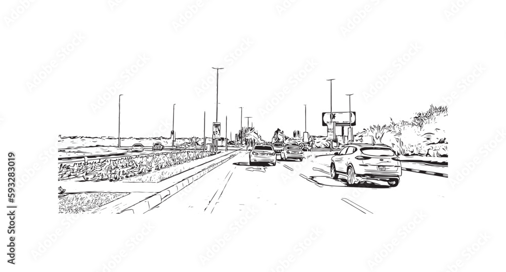 Obraz premium Building view with landmark of Ras Al Khaimah is the city in United Arab Emirates. Hand drawn sketch illustration in vector.