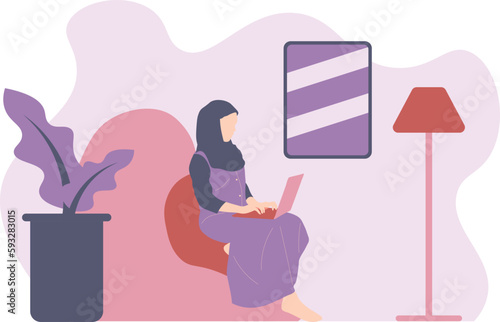 Hijab woman productive with laptop in living room flat character design