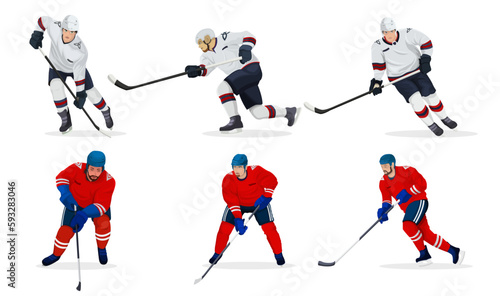 Set of hockey players isolated on white background. Red white colors of uniform and helmet. Realistic silhouettes. Winter sports game. Ice rink with sportsmen icon collection. Flat Vector illustration