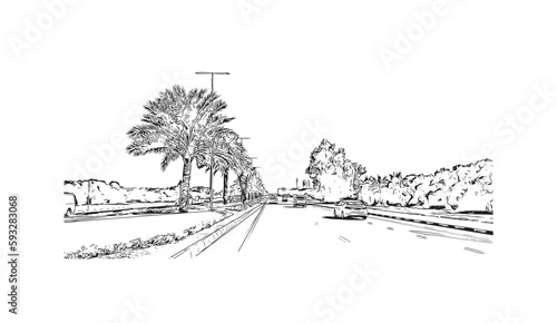 Building view with landmark of Ras Al Khaimah is the city in United Arab Emirates. Hand drawn sketch  illustration in vector.