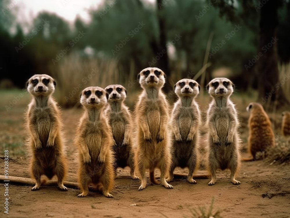 A group of meerkats standing upright, looking alert A group of meerkats standing upright, looking alert