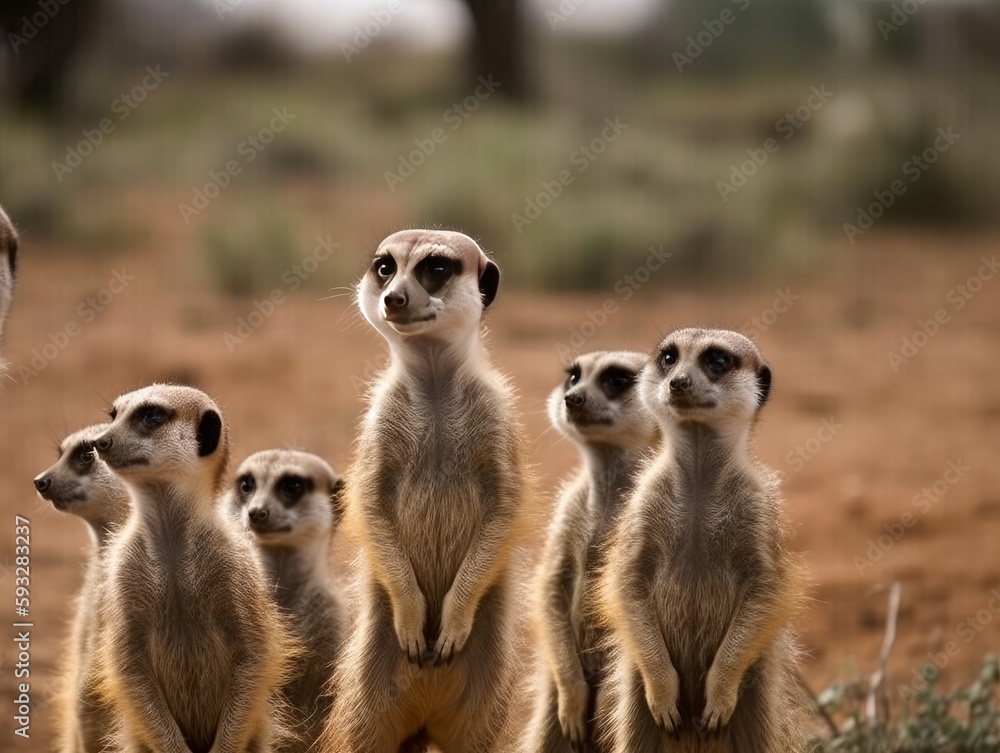 A group of meerkats standing upright, looking alert A group of meerkats standing upright, looking alert
